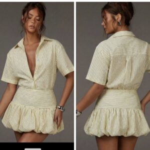 SHEIN short sleeve stripe two piece skirt set in light yellow 12