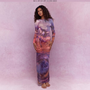missguided mesh back cut out back long sleeve multi color purple/orange dress 12/14