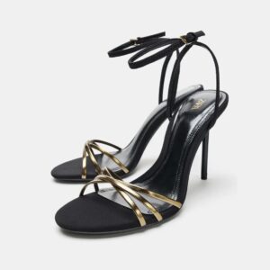 Zara metallic strap high heel sandals in black & gold