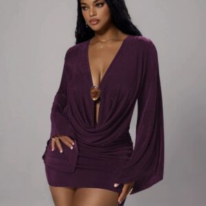 SHEIN key hole cowl neck sexy long sleeve dress in purple with 16