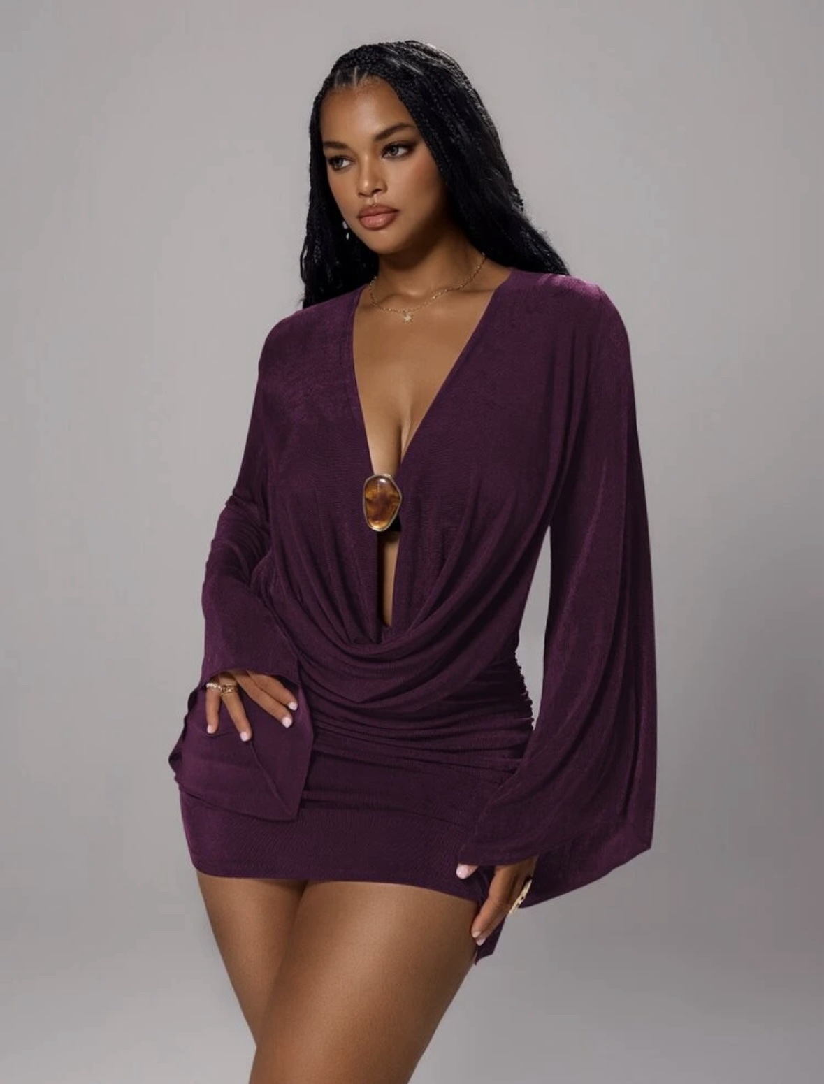 SHEIN key hole cowl neck sexy long sleeve dress in purple with 16 SHEIN key hole cowl neck sexy long sleeve dress in purple with 16