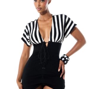 Shein short sleeve stripe black & white deep plunge front tie mini dress in black