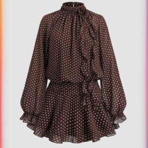 SHEIN high neck mini ruffle drape polka dot dress in brown  12