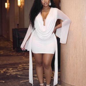 Shein plus sexy cowl  neck side mini drape dress in white 16