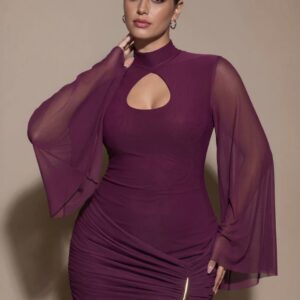 SHEIN plus classy front cut key hole long sleeve mini dress in purple with gold details