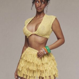 Shein knit fringed mini skirt two piece in yellow M