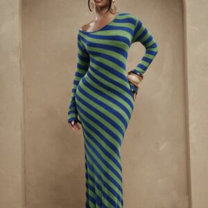 SHEIN long sleeve stripe one shoulder maxi green mix multi color L
