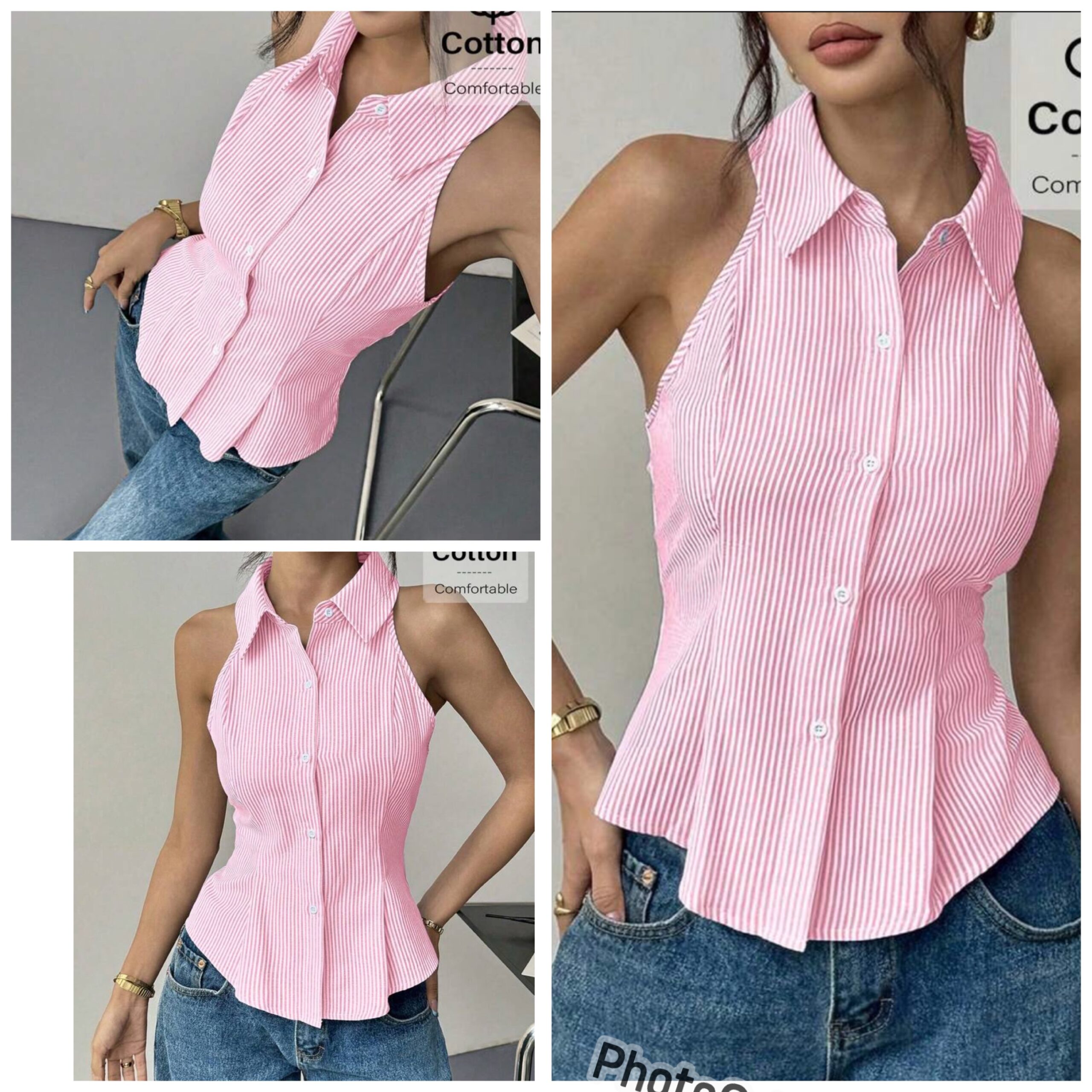 SHEIN halter collar stripe button top in white & pink M SHEIN halter collar stripe button top in white & pink M - Image 2
