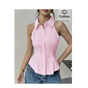 SHEIN halter collar stripe button top in white & pink  M
