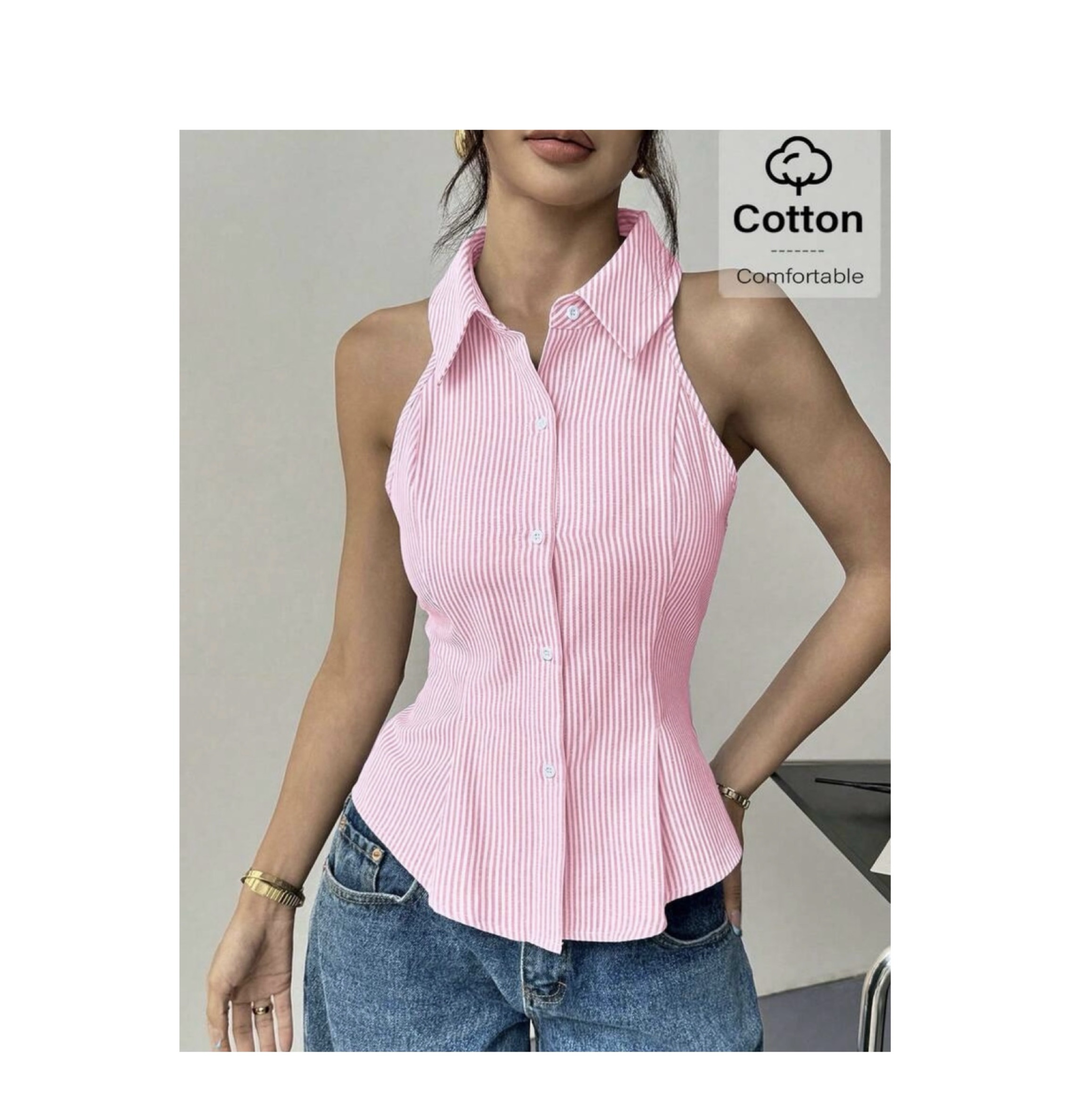 SHEIN halter collar stripe button top in white & pink M SHEIN halter collar stripe button top in white & pink M