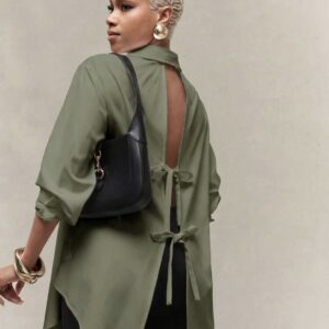 SHEIN classy collar button shirt with bow tie back in green XL