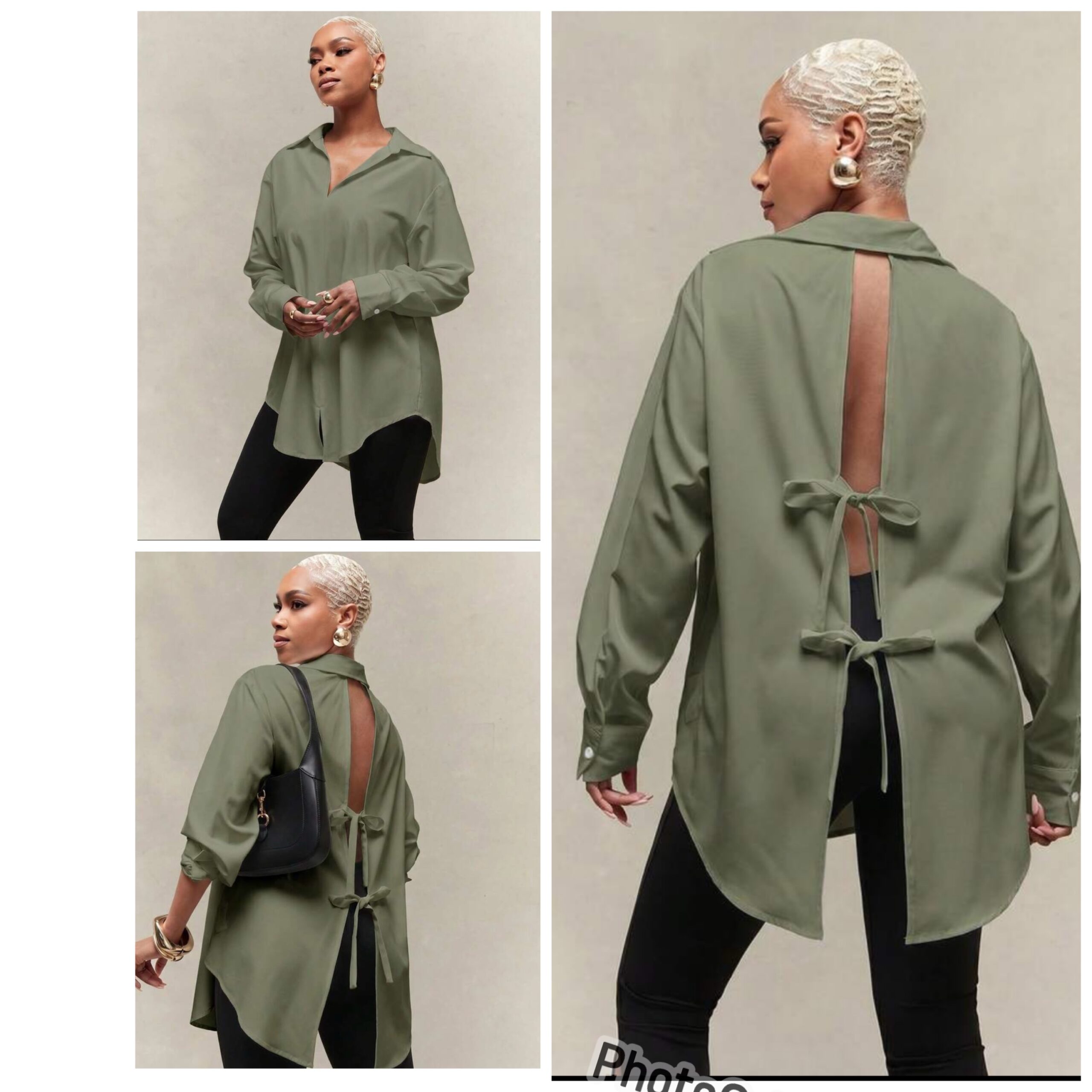 SHEIN classy collar button shirt with bow tie back in green XL SHEIN classy collar button shirt with bow tie back in green XL - Image 2