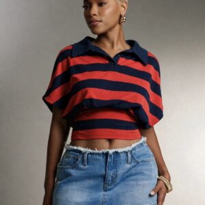 SHEIN collar stripe polo top in red & navy blue