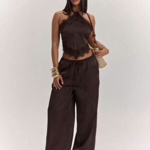SHEIN halter two piece pant set in brown with Lacey details in satin M
