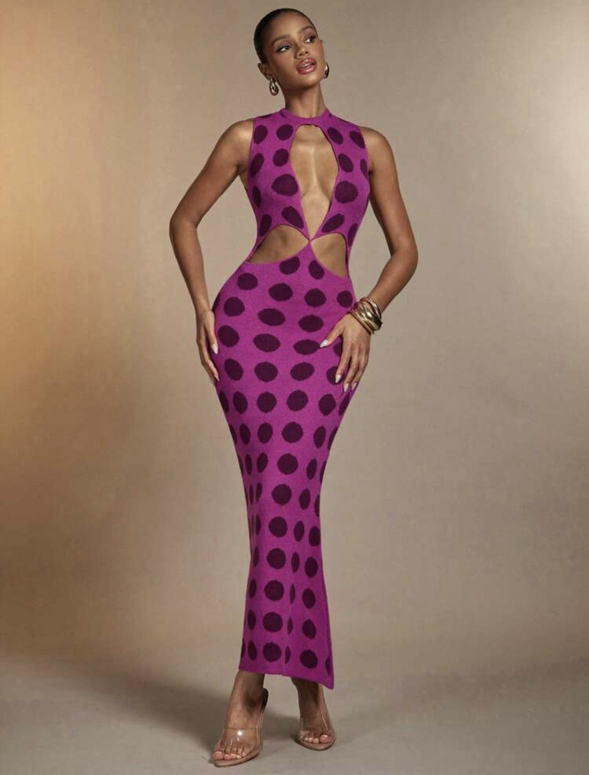 SHEIN classy tank front cut knit dress in purple polka dots multicolor M SHEIN classy tank front cut knit dress in purple polka dots multicolor M