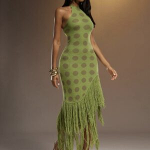SHEIN classy knit halter backless dress with side fringe polka dots details in green lemon multicolor M