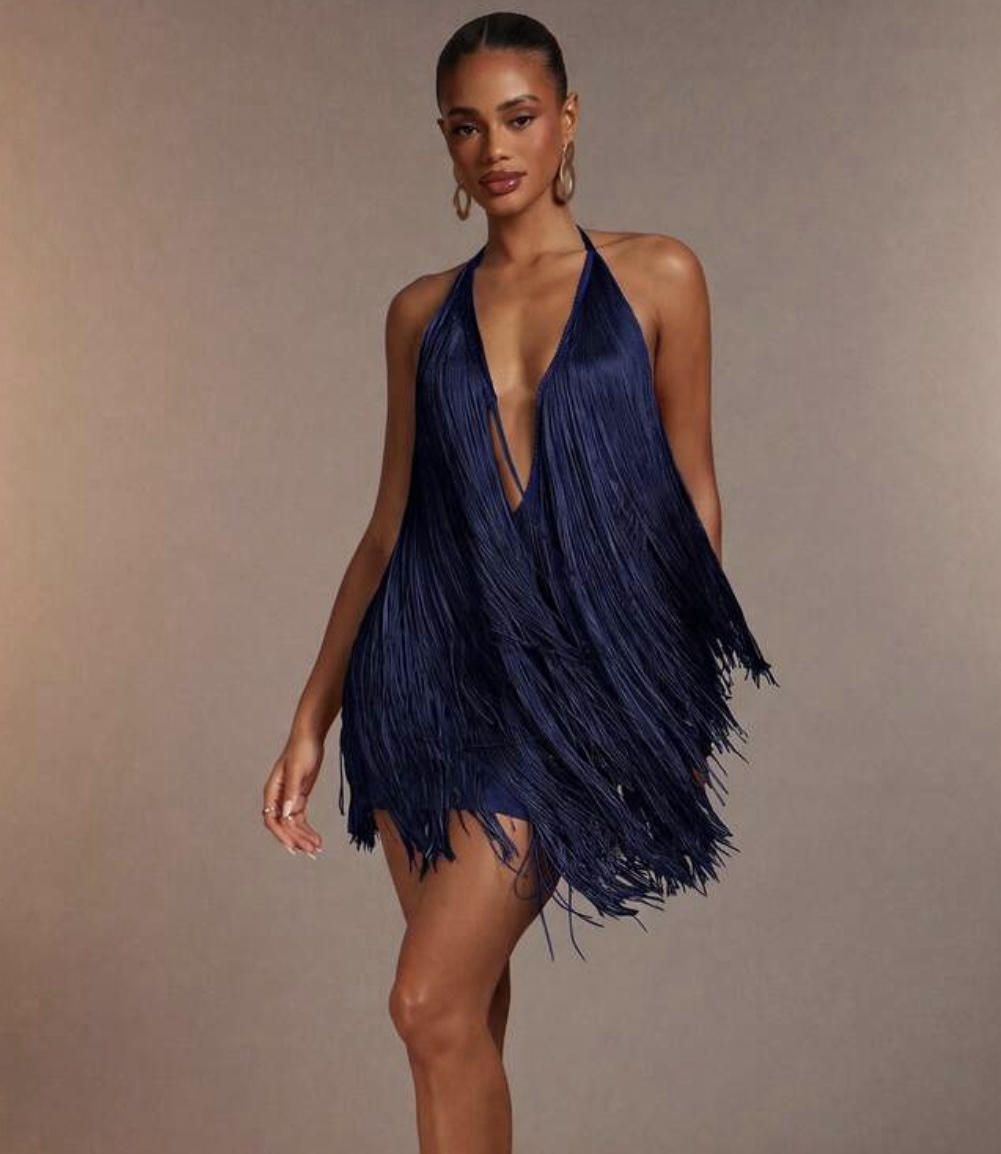 SHEIN classy halter backless fringe mini dress with tassels in navy blue M SHEIN classy halter backless fringe mini dress with tassels in navy blue M