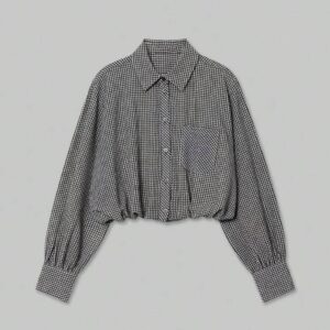 SHEIN  stripe crop gingham  collar  plaid shirt in black  with pocket