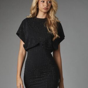 Missguided crew neck short sleeve off shoulder diamate glitter mini dress in black
