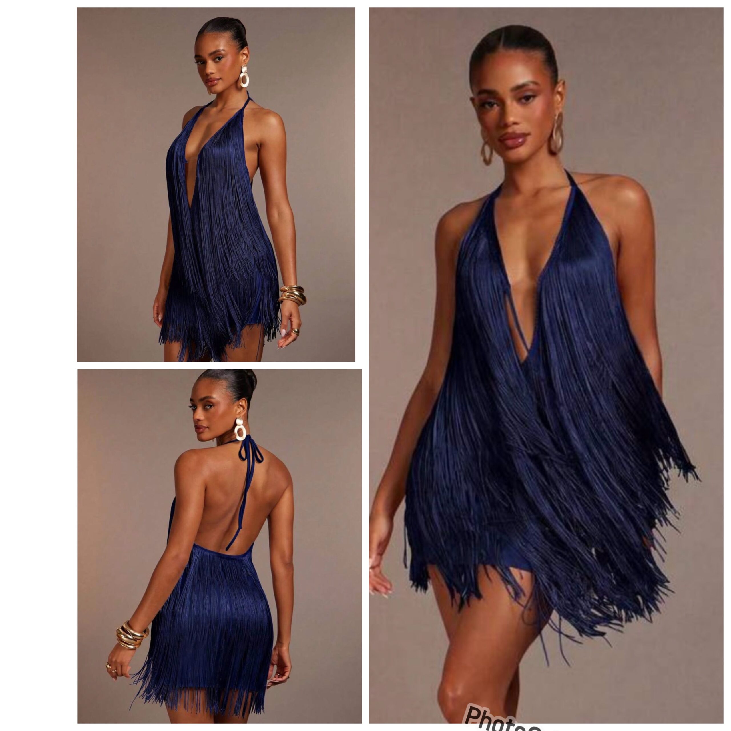 SHEIN classy halter backless fringe mini dress with tassels in navy blue M SHEIN classy halter backless fringe mini dress with tassels in navy blue M - Image 2