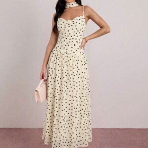 SHEIN classy cami  polka black and white dress in off white / cream / apricot with tie neck scarf
