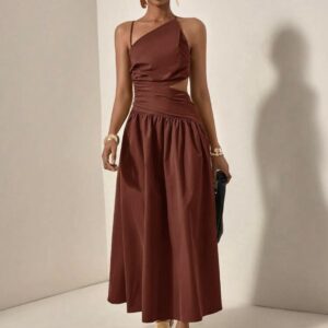 Shein casual one shoulder assymetric stripe  side cut out dress in rust brown L