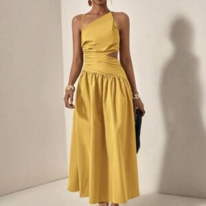 Shein casual one shoulder assymetric stripe  side cut out dress in yellow M