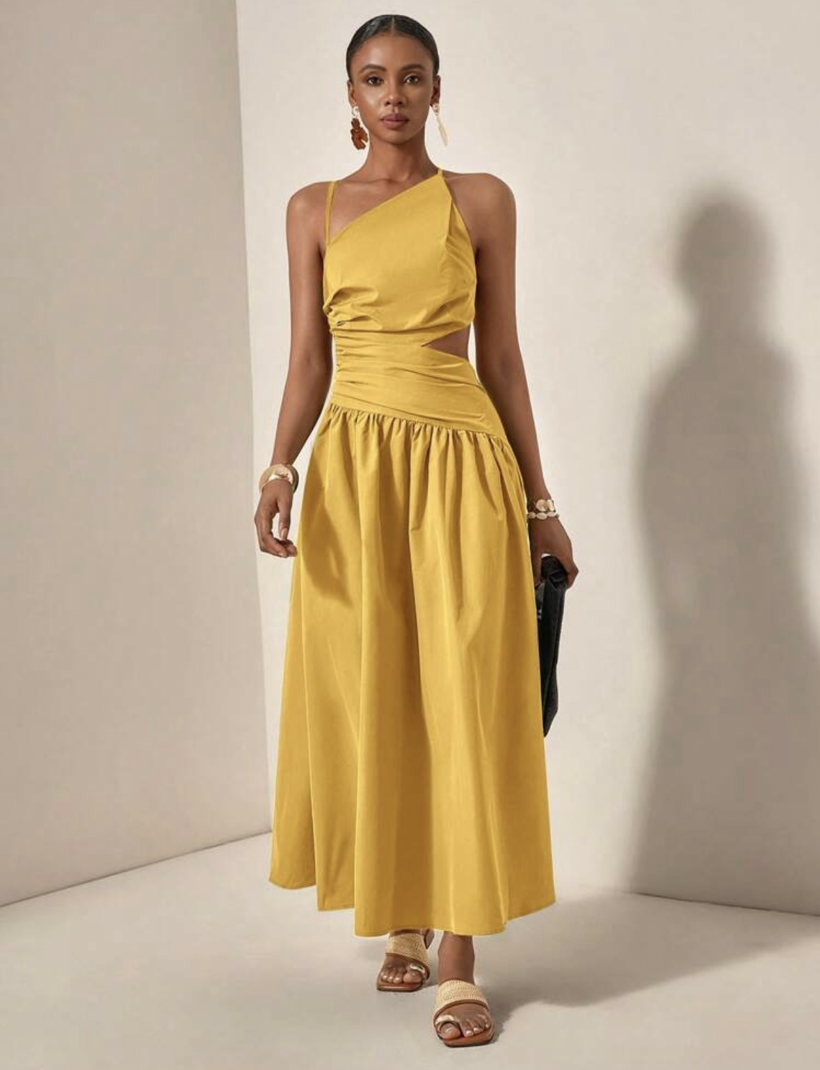 Shein casual one shoulder assymetric stripe side cut out dress in yellow M Shein casual one shoulder assymetric stripe side cut out dress in yellow M