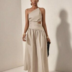 Shein casual one shoulder assymetric stripe  side cut out dress in nude beige