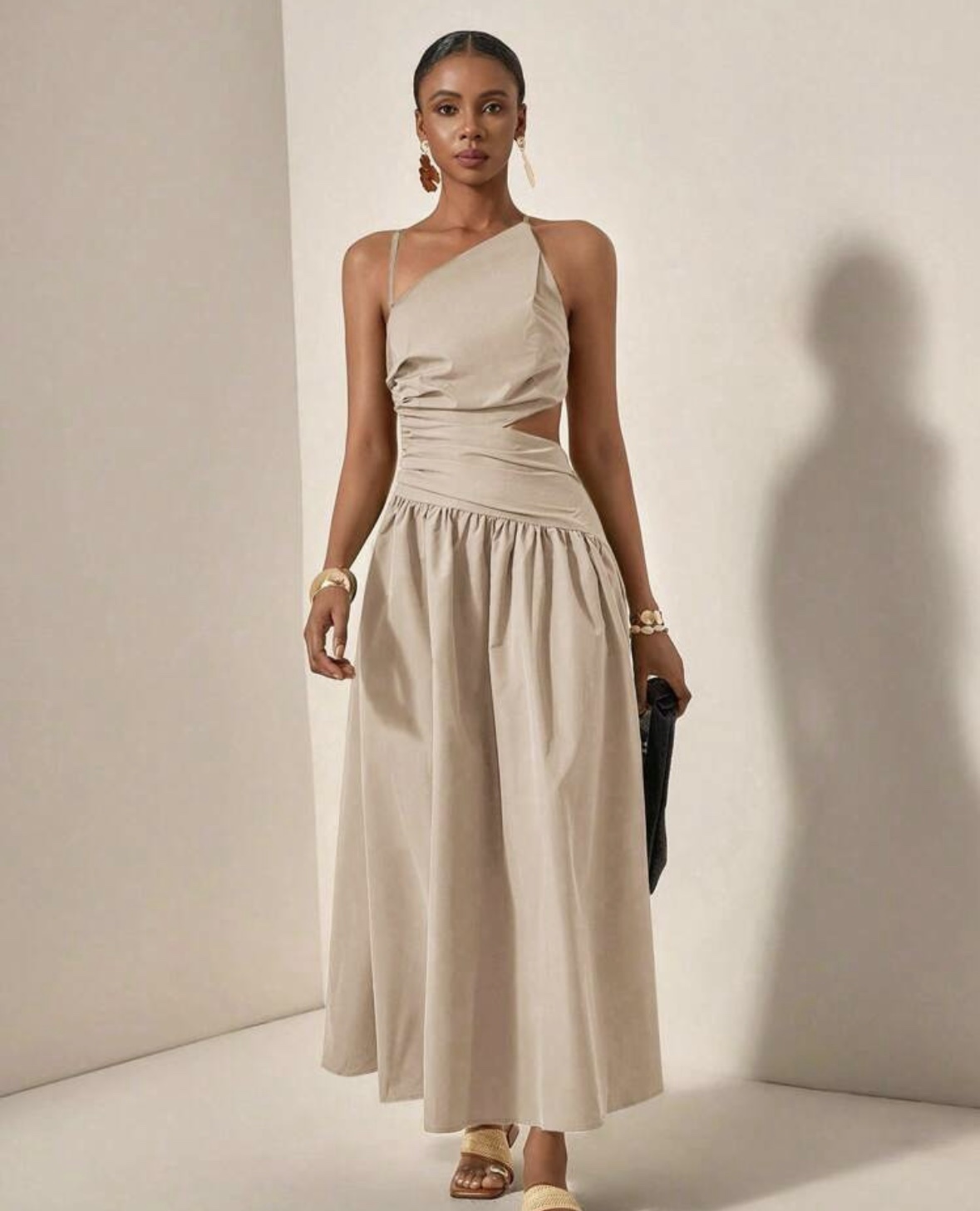 Shein casual one shoulder assymetric stripe side cut out dress in nude beige Shein casual one shoulder assymetric stripe side cut out dress in nude beige
