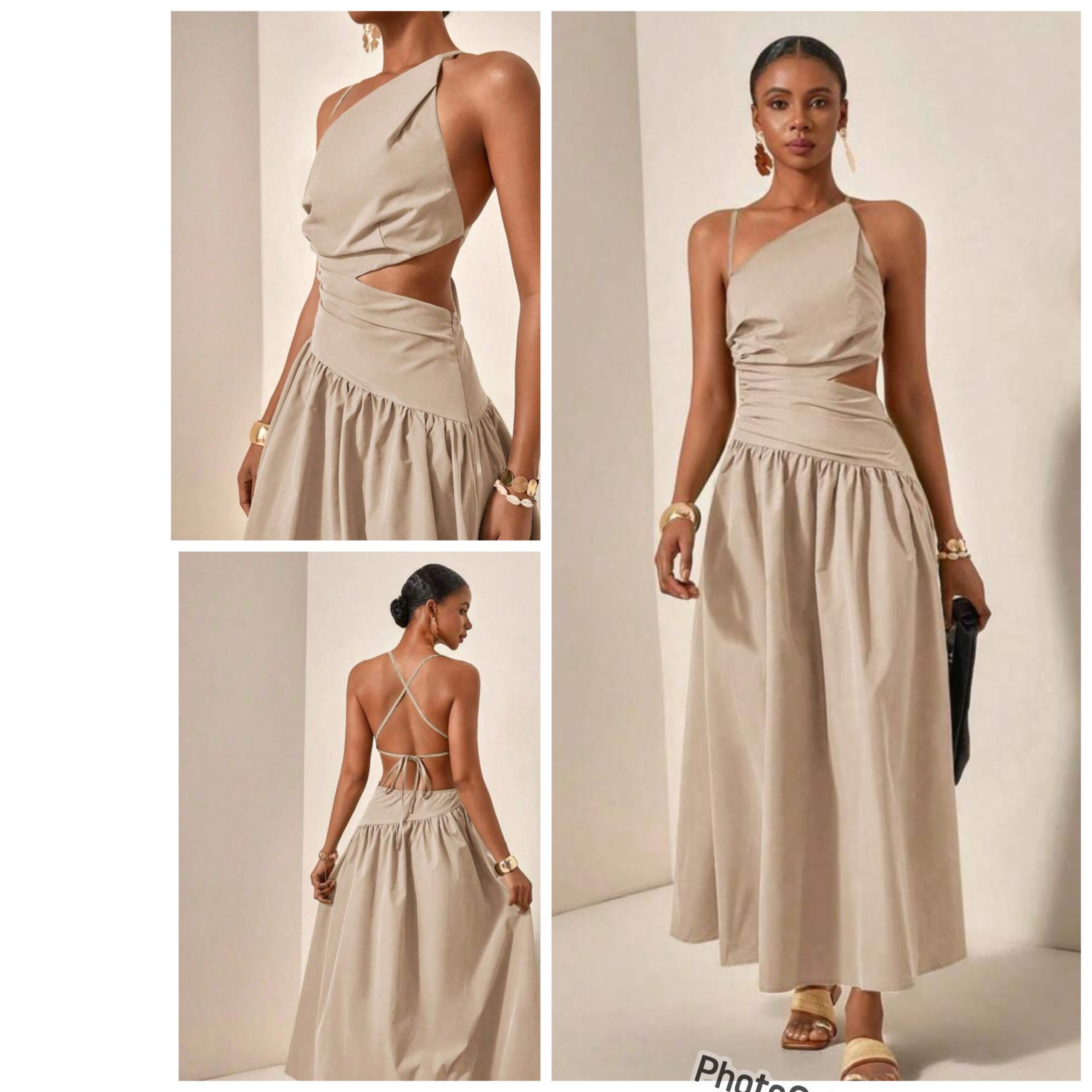 Shein casual one shoulder assymetric stripe side cut out dress in nude beige Shein casual one shoulder assymetric stripe side cut out dress in nude beige - Image 2