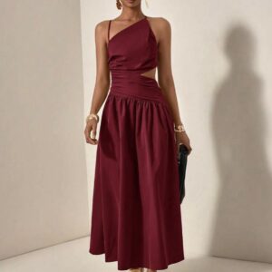 Shein casual one shoulder assymetric stripe  side cut out dress in burgundy L