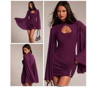 SHEIN classy front cut key hole long sleeve mini dress in purple with gold details