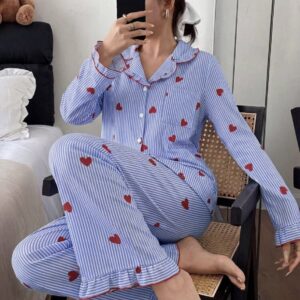 Shein two piece pj set in blue stripe with heart details  XL