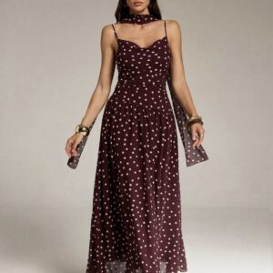 Shein cami classy polka dress in burgundy  with scarf tie neck