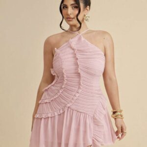 SHEIN plus halter classy pleated mini dress in baby pink XL