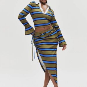 SHEIN collar  stripe two piece skirt set top and side slit skirt  in blue green mix