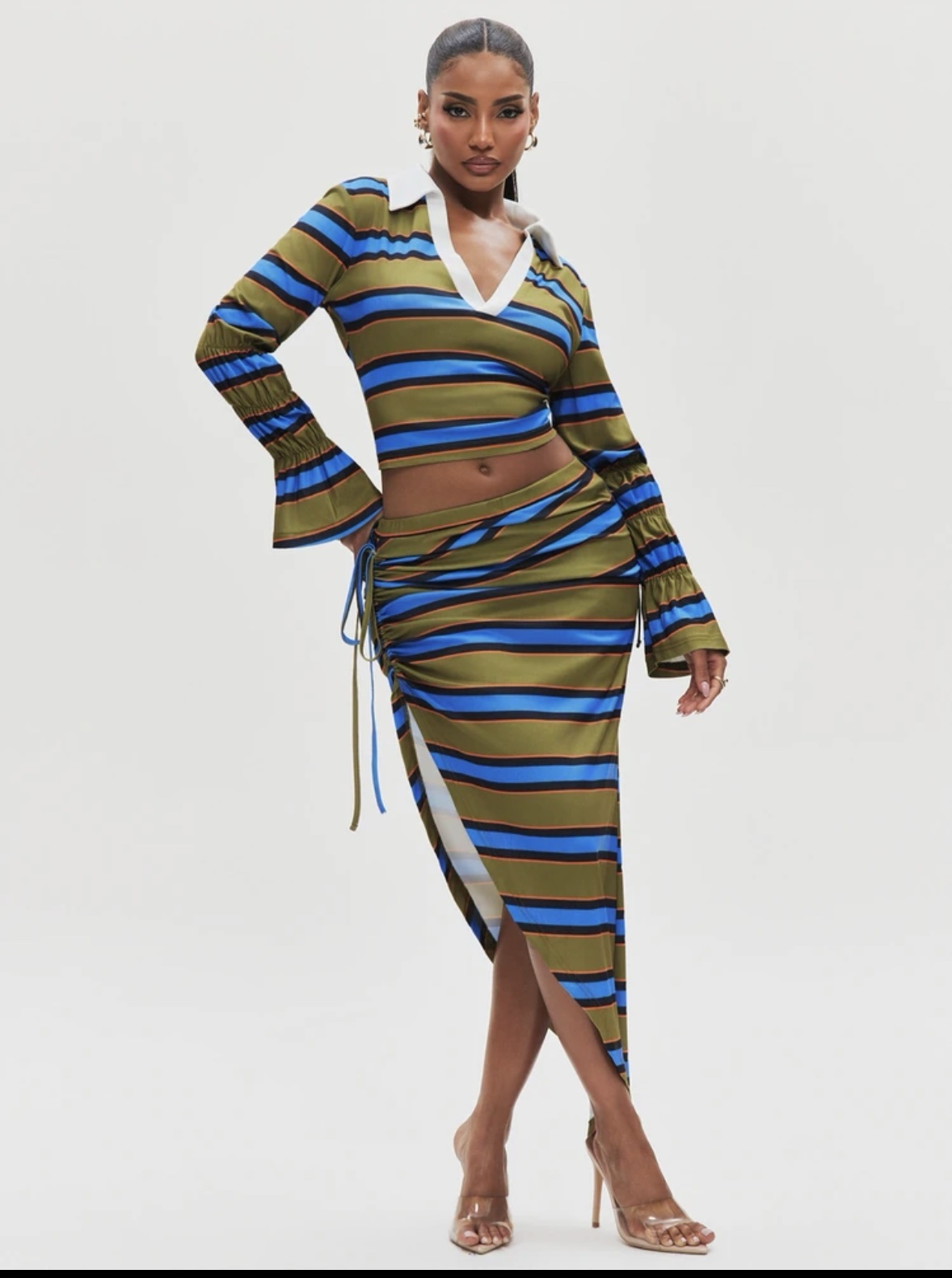 SHEIN collar stripe two piece skirt set top and side slit skirt in blue green mix SHEIN collar stripe two piece skirt set top and side slit skirt in blue green mix
