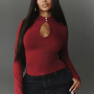 SHEIN key hole long sleeve top with button details in red