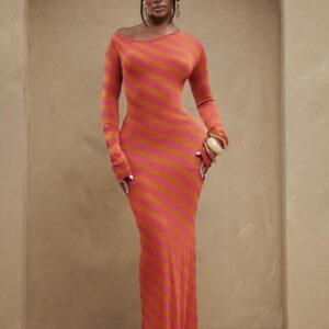 SHEIN long sleeve stripe one shoulder maxi up orange pink mix multi color dress Matching