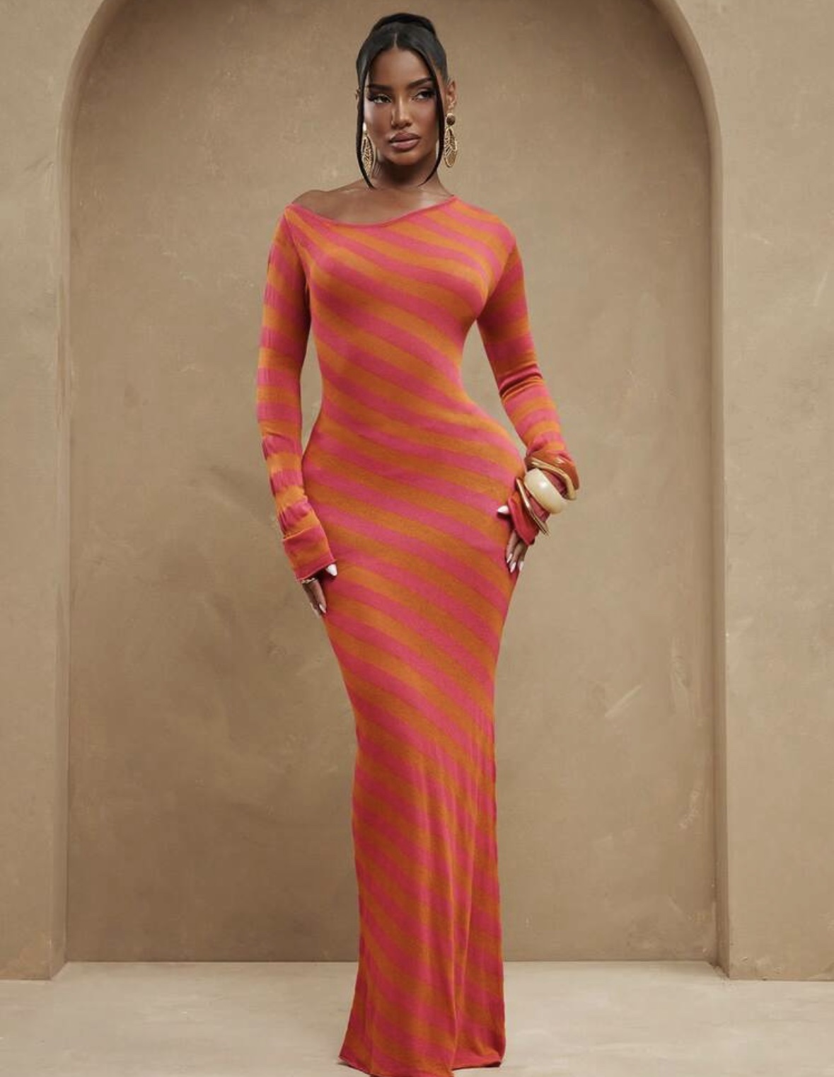 SHEIN long sleeve stripe one shoulder maxi up orange pink mix multi color dress Matching M SHEIN long sleeve stripe one shoulder maxi up orange pink mix multi color dress Matching M