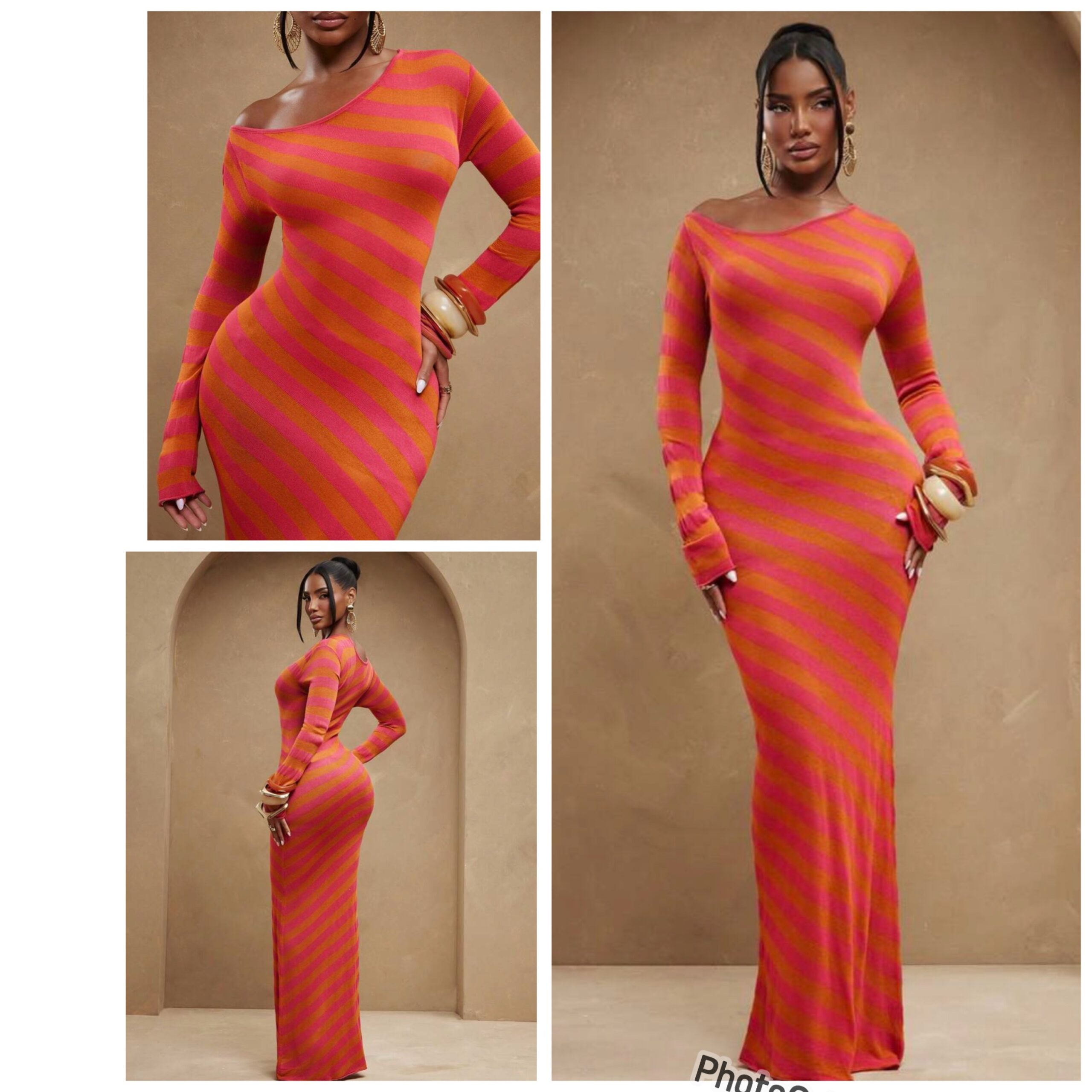SHEIN long sleeve stripe one shoulder maxi up orange pink mix multi color dress Matching M SHEIN long sleeve stripe one shoulder maxi up orange pink mix multi color dress Matching M - Image 2