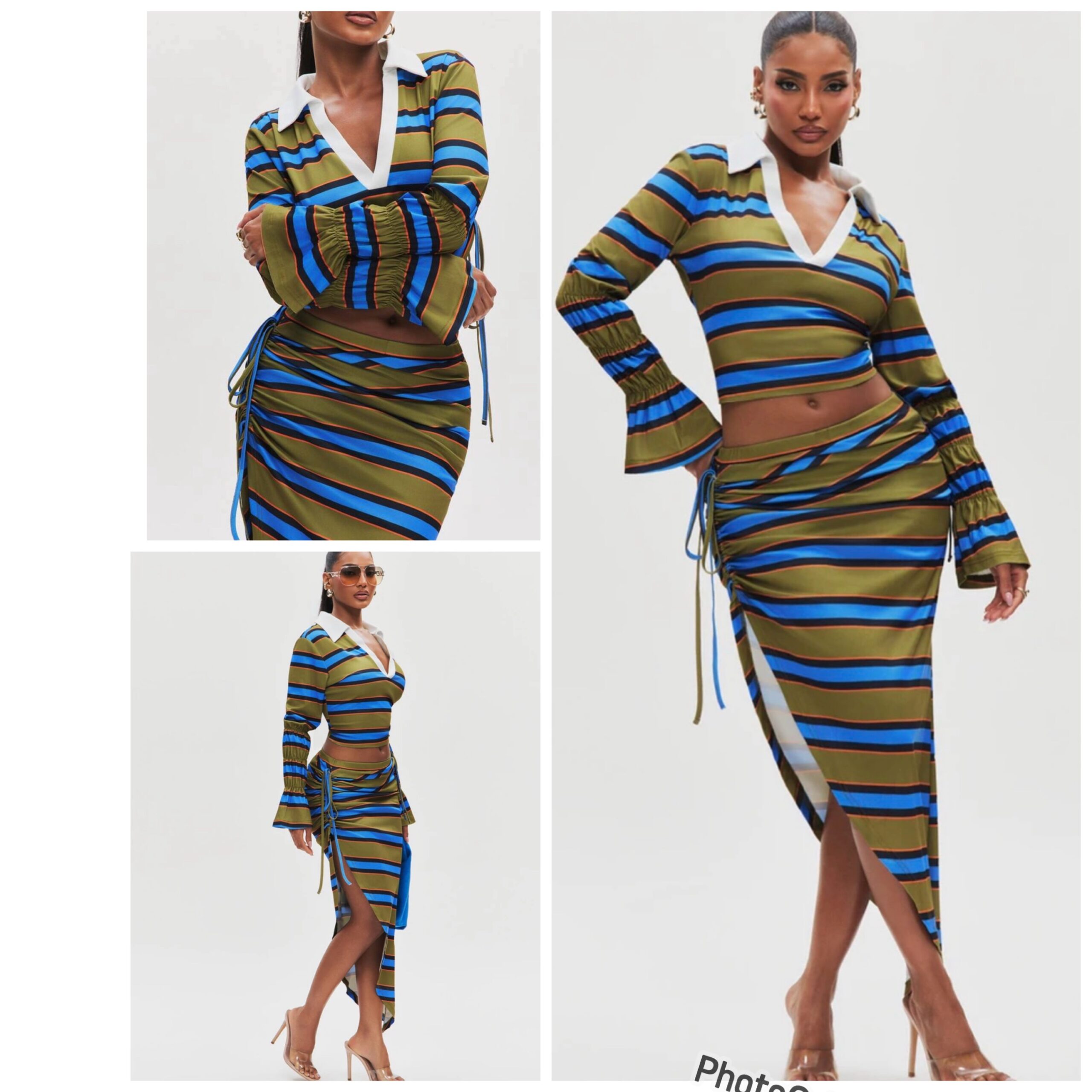 SHEIN collar stripe two piece skirt set top and side slit skirt in blue green mix SHEIN collar stripe two piece skirt set top and side slit skirt in blue green mix - Image 2
