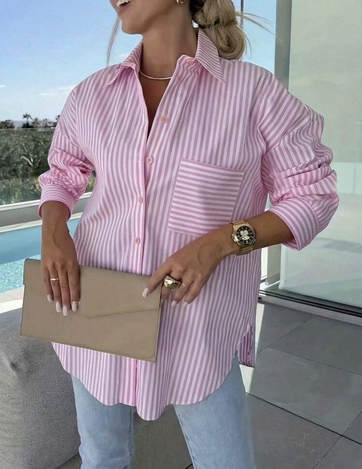 SHEIN stripe shirt multi color in pink & white with pocket XL SHEIN stripe shirt multi color in pink & white with pocket XL