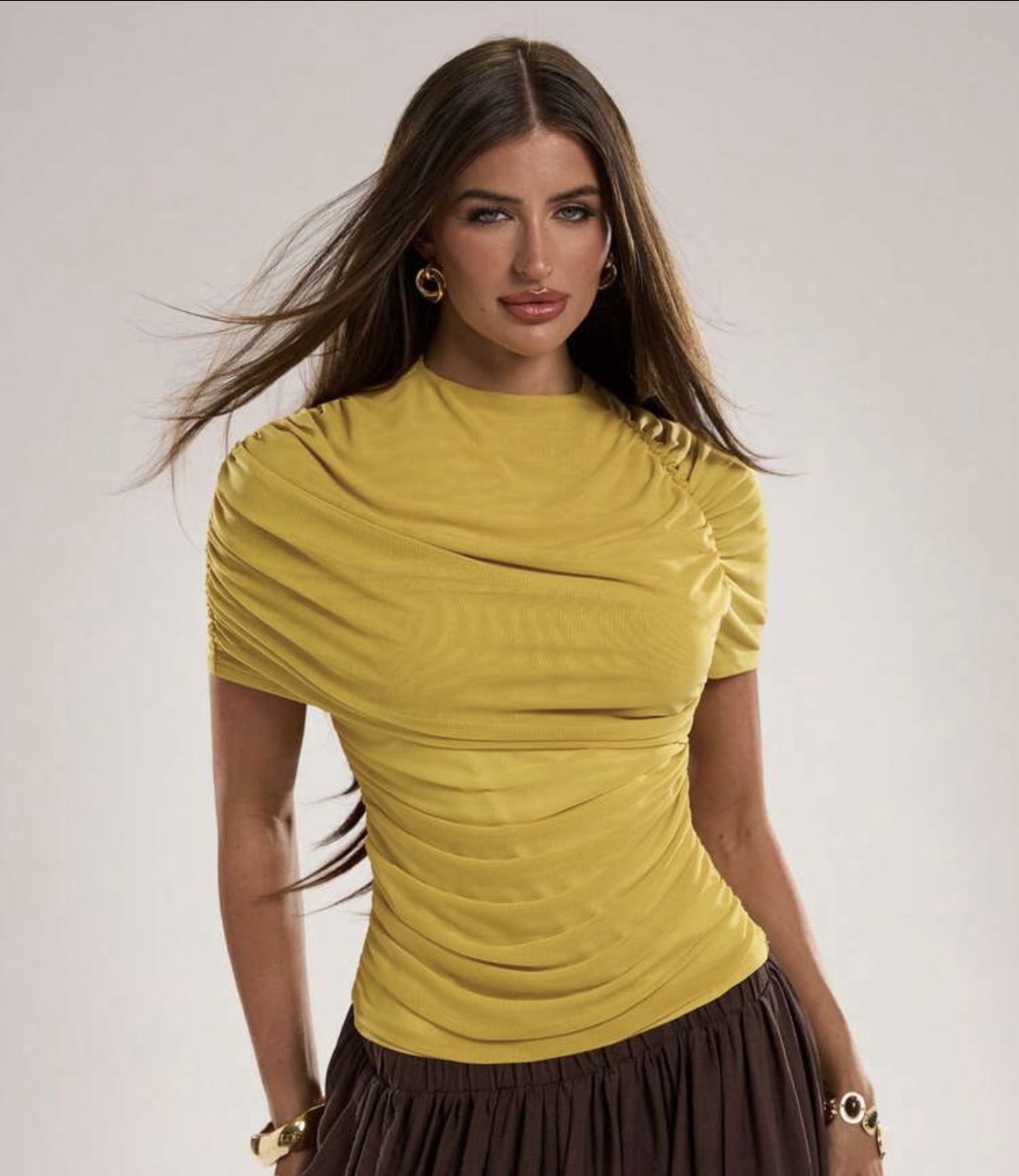 SHEIN solid ruched mustard yellow drape top in L SHEIN solid ruched mustard yellow drape top in L