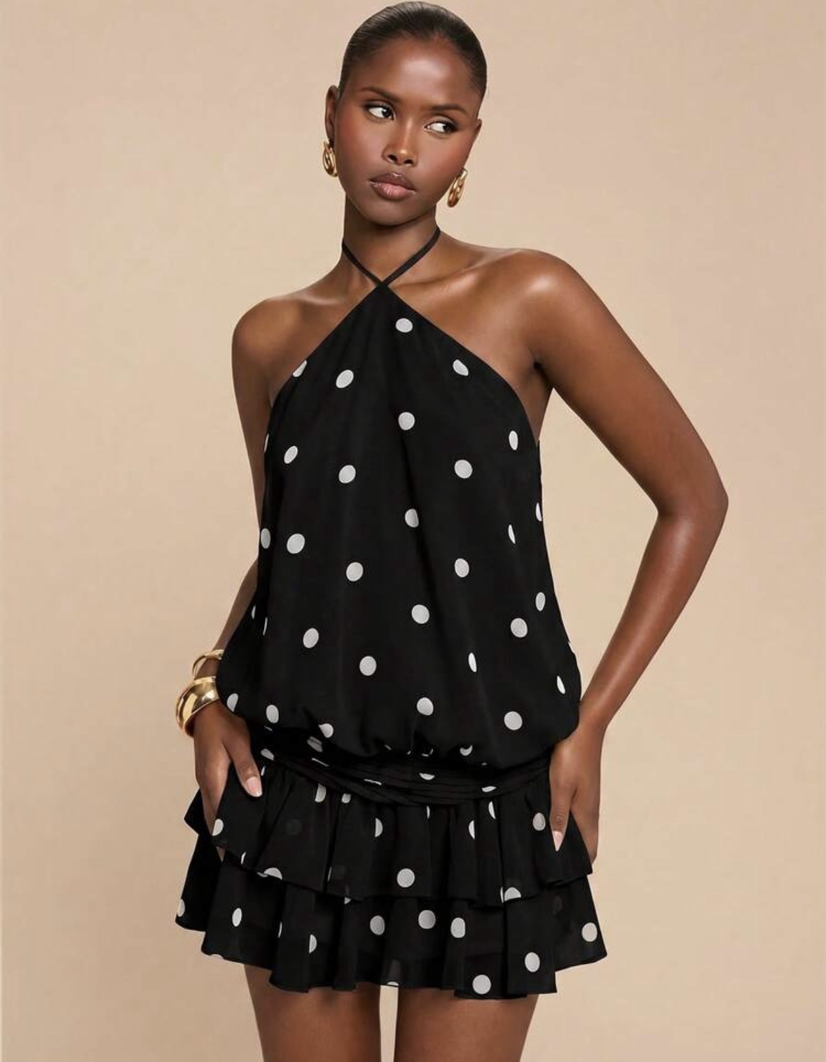SHEIN polka halter backless ruched ruffle dress in black base white dots M SHEIN polka halter backless ruched ruffle dress in black base white dots M