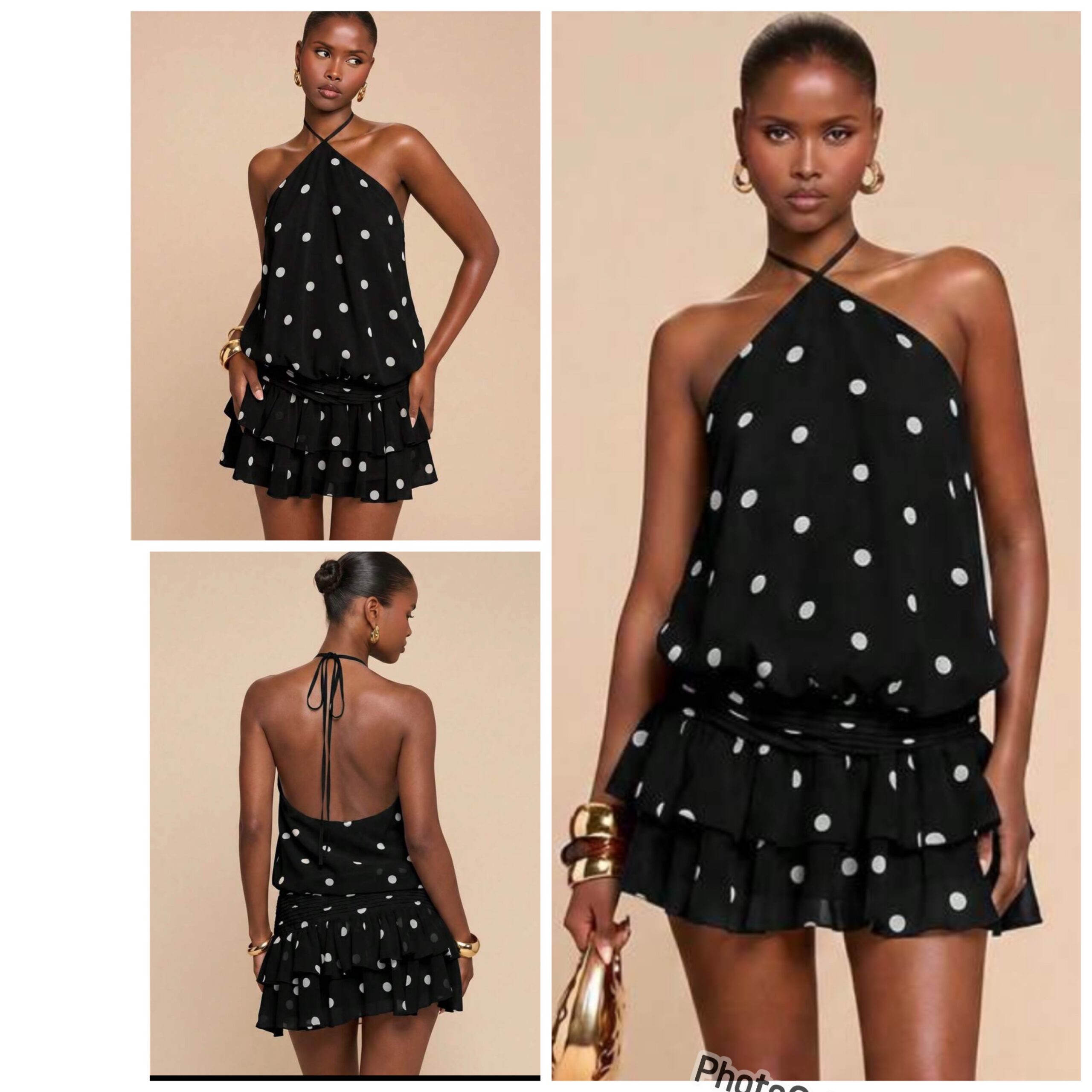 SHEIN polka halter backless ruched ruffle dress in black base white dots M SHEIN polka halter backless ruched ruffle dress in black base white dots M - Image 2