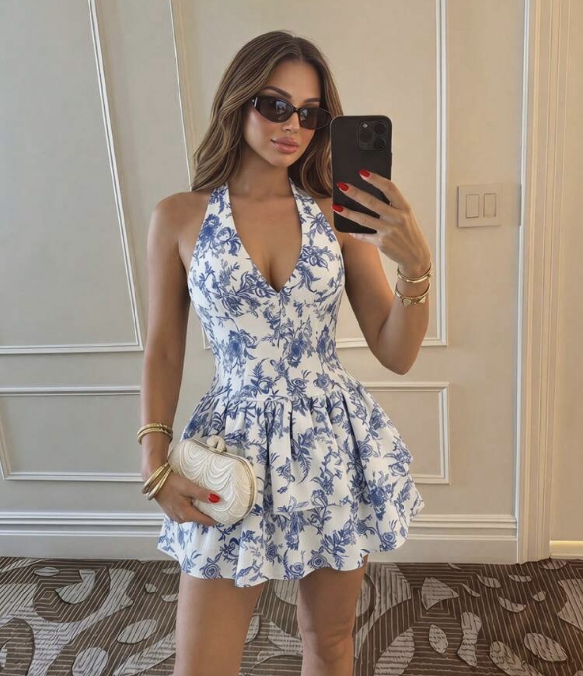 SHEIN halter floral backles ruffle ruched girlie dress in blue M SHEIN halter floral backles ruffle ruched girlie dress in blue M