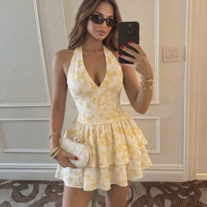 SHEIN halter floral backles ruffle ruched   girlie dress in yellow L