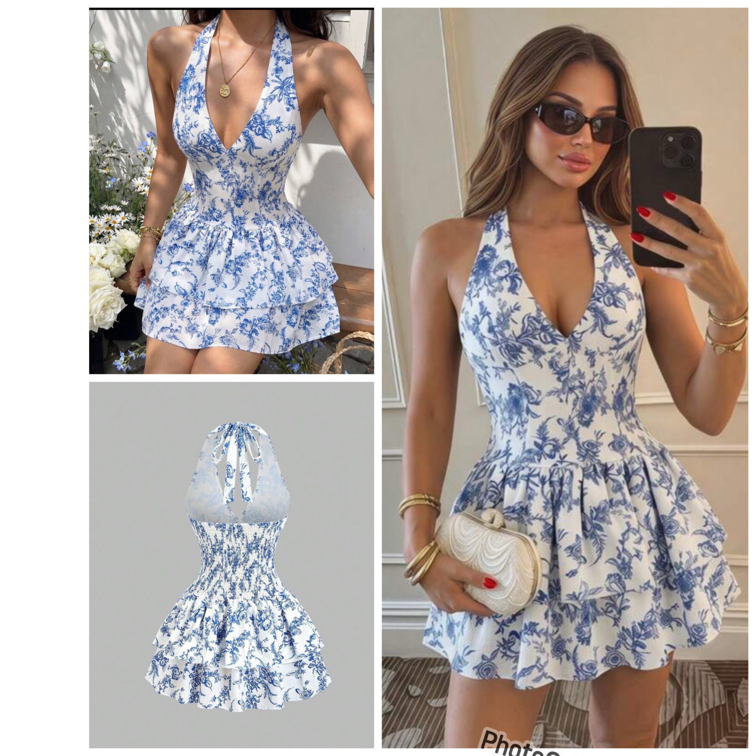 SHEIN halter floral backles ruffle ruched girlie dress in blue M SHEIN halter floral backles ruffle ruched girlie dress in blue M - Image 2